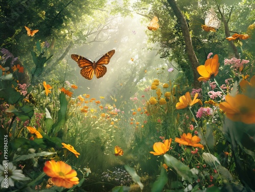 A butterfly flies through a field of flowers. The scene is bright and colorful, with a sense of freedom and joy