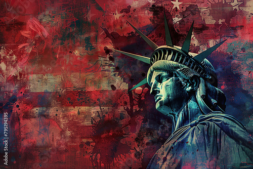 horizontal illustration of the statue of liberty in front of an abstract ragged american flag background
