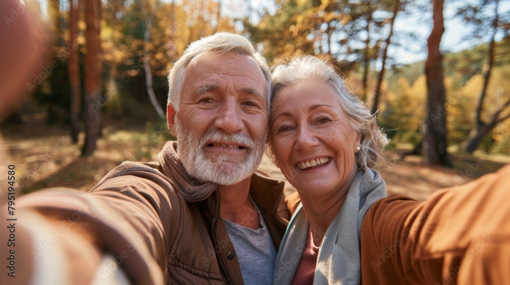 A senior couple's selfie captures their beaming smiles amidst a backdrop of autumnal forest splendor. A senior couple's selfie captures their beaming smiles amidst a backdrop of autumnal forest splendor.