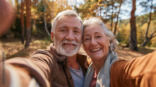 A senior couple's selfie captures their beaming smiles amidst a backdrop of autumnal forest splendor.