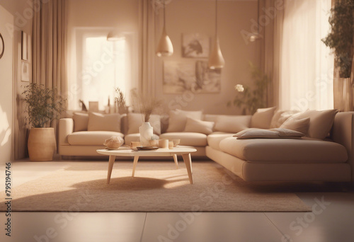 Contemporary nomadic home interior background in warm beige tones 3d render photo