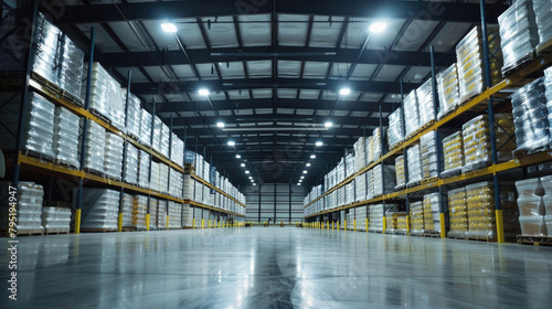 A large warehouse with many shelves of goods