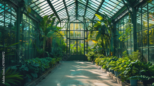 A large greenhouse filled with plants and trees