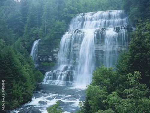 A waterfall is flowing down a rocky cliff. The water is clear and the trees are lush and green. The scene is peaceful and serene