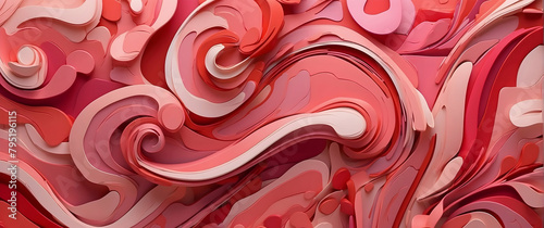 A dynamic digital creation showing red, flowing 3D shapes that evoke a sense of movement and transformation in space