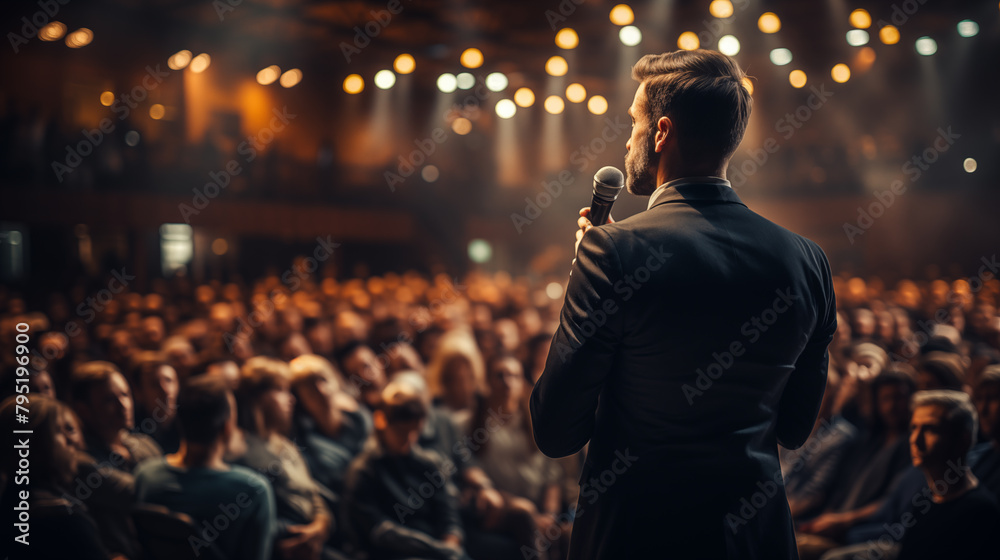 a man with a microphone gives a lecture on self-development and personal growth