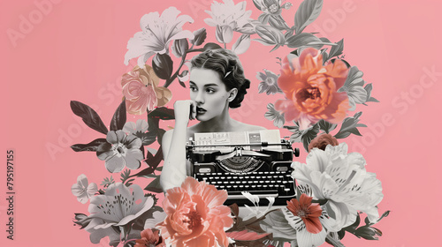 Art of a girl typing on a typewriter surrounded by flowers. Digital illustration: writer, secretary, copywriter, marketer.