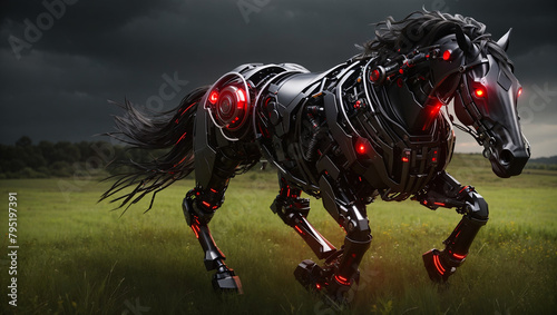 a black robotic horse with glowing red eyes and red lights along its body. It is standing in a grassy field with a hill in the background and dark clouds overhead.   © Muzamil