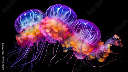 Vivid color jellyfish group with black background © nomoresquirrel