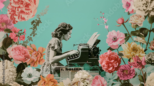 Art of a girl typing on a typewriter surrounded by flowers. Digital illustration: writer, secretary, copywriter, marketer.
