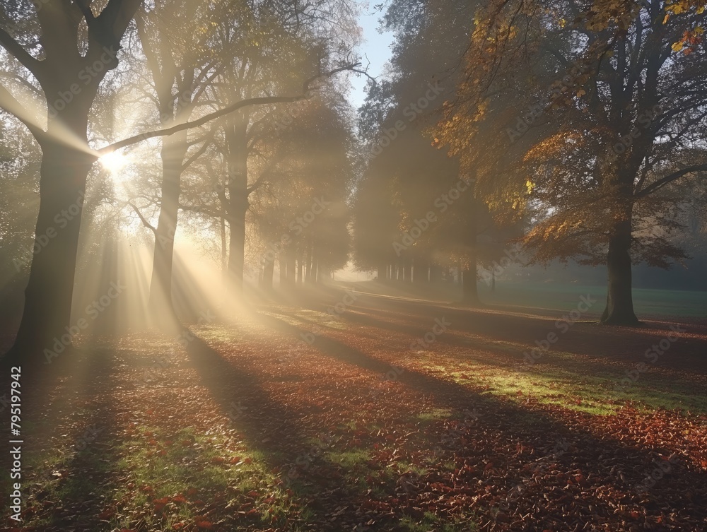 The sun is shining through the trees, casting a warm glow on the ground. The leaves on the trees are changing colors, creating a beautiful autumn scene