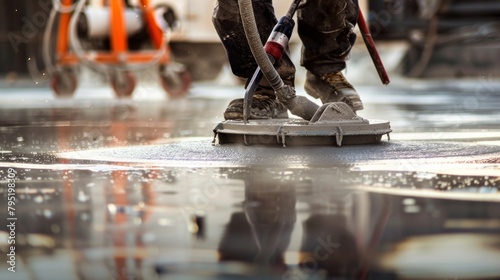 Wet concrete construction worker with a special tool, a floating blade, for polishing smooth concrete floors. © ORG