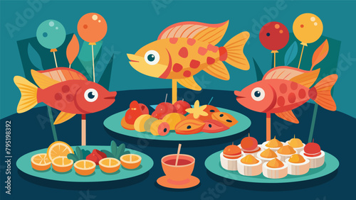 A table filled with festive fishshaped snacks from goldfish crackers to fishshaped fruit skewers.