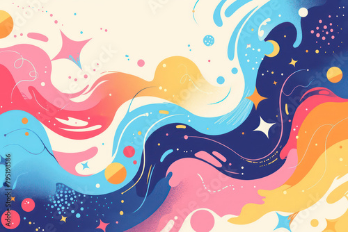 Abstract cartoon colorful background with liquid forms and sparkles, swirling waves and stars. Flat minimalistic illustration with pastel colors