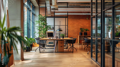 A large open office space with a lot of greenery and plants