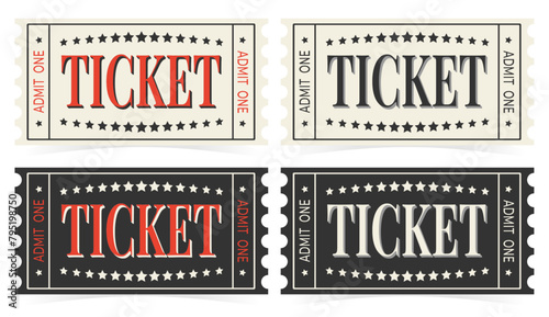 Set of retro admit one ticket templates in black, grey, white and red, vector.