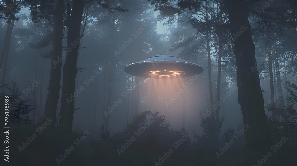 Fototapeta premium Unidentified Flying Object Hovering Over Misty Twilight Forest with Eerie Shadows