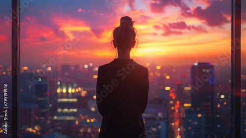 A woman standing in front of a window, looking out at a city at sunset. photo