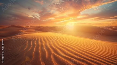 A vast desert landscape bathed in the soft light of dawn, where shifting sands create mesmerizing patterns beneath the golden sun.