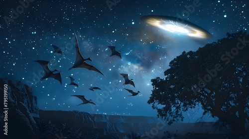 Prehistoric Pterodactyls Soaring Around Glowing Unidentified Flying Object Under Starry Night Sky