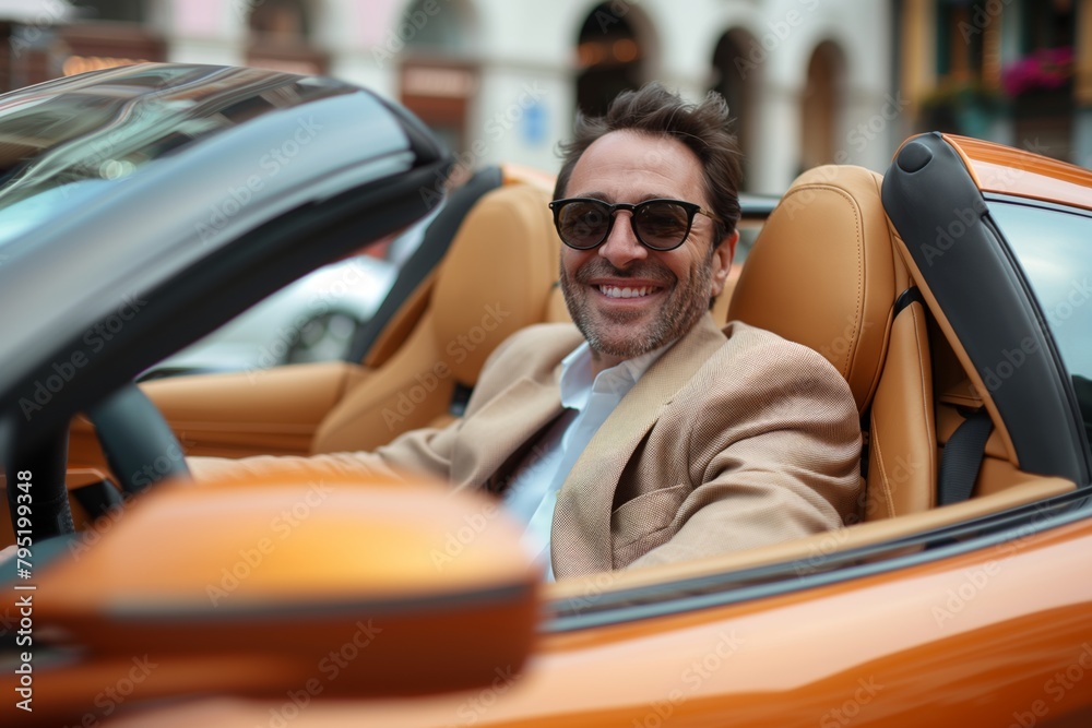 Smiling man in sunglasses enjoys a sunny drive in a luxurious orange convertible