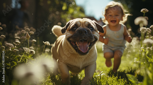 Happy running golden pug and cute kids play together on the backyard