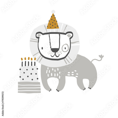 Cute lion in festive hat, cake with candles on a white background. African animals. Vector illustration for kids. Invitation, postcard for children's birthday, party, baby shower. © ZHUKO