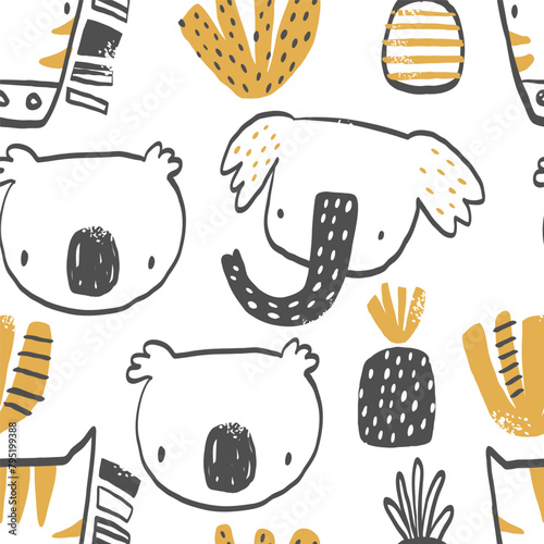 Vector seamless pattern with tropical animals. Print for kids with African animals. Elephant, koala, zebra, palm tree, pineapple. Hand drawn texture for fabric, children's clothes, textiles. © ZHUKO