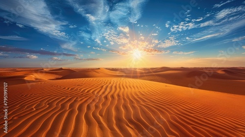 A vast desert landscape under the blazing sun, where the sand dunes stretch endlessly into the distance, shimmering in the heat.