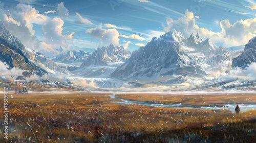 A vast expanse of icy tundra  where snow-capped peaks loom in the distance and the air is crisp with the promise of winter.