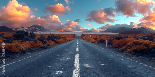 empty road in a desert at sunset photo