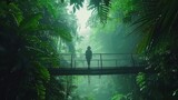 A wooden bridge in the middle of a lush green jungle with a person standing on it.