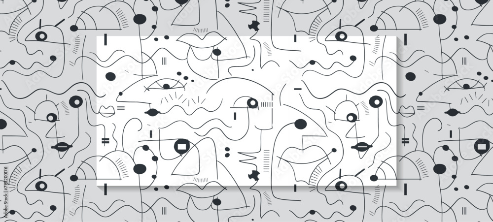 Obraz premium Illustration simple drawing geometric shape, doodle art. Abstract graphic design, vector seamless pattern with black and white line. Cute cartoon seamless design for print fabric, wallpaper background