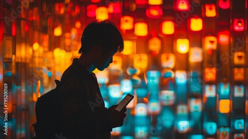 A young man is using his phone while walking through a city at night.