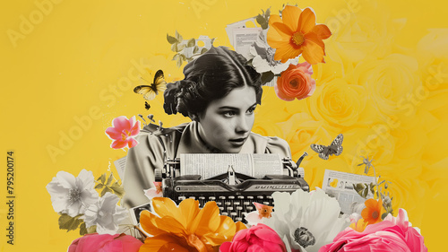 Art of a girl typing on a typewriter surrounded by flowers. Digital illustration: writer, secretary, copywriter, marketer.