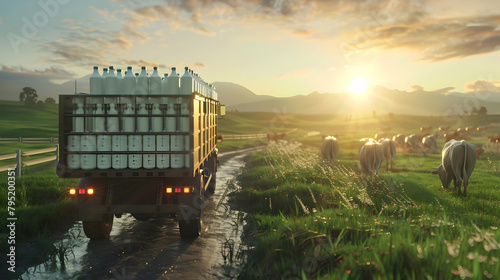 Cargo truck full of bottles with milk on the road in the pasture with cows in a summer countryside. Concept of high quality food products, local farming, cargo and shipping. photo