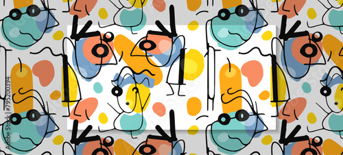 Illustration simple drawing, doodle art kid style. Abstract graphic design, seamless vector pattern with colorful and cute cartoon portrait for print, card, cover, banner, textile, background.