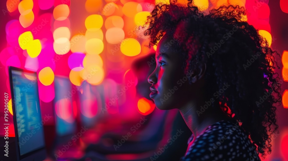 A young woman of color sits in front of a computer screen in a dark room. The screen is reflecting light onto her face.
