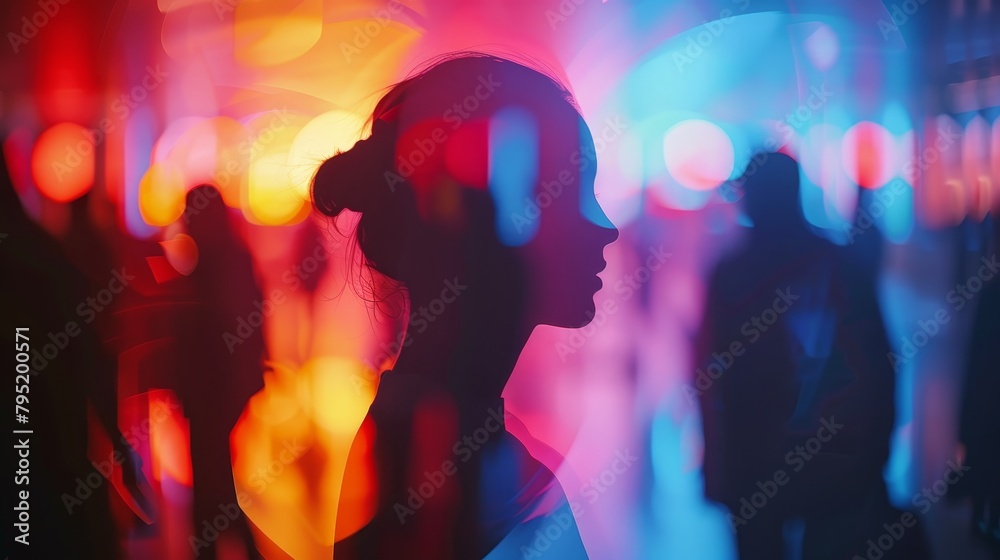 Obraz premium A young woman standing alone in a crowded place. She is looking away from the camera with a neutral expression on her face. She is wearing a dark dress. The background is blurred with colorful lights.