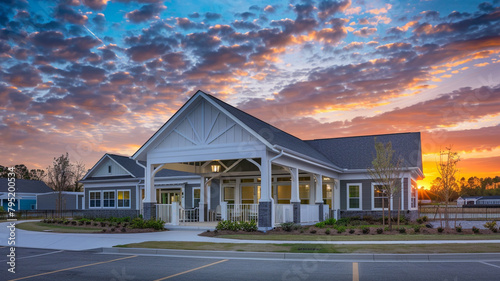 Captivating high-definition image of a new community clubhouse with a white porch and gable roof at sunset.