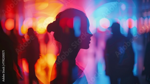 A young woman standing alone in a crowded place. She is looking away from the camera with a neutral expression on her face. She is wearing a dark dress. The background is blurred with colorful lights.