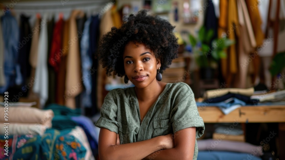 Black female designer in home studio making clothes and selling them online. Fabric, design and confidence. successful woman Start-up owner at home