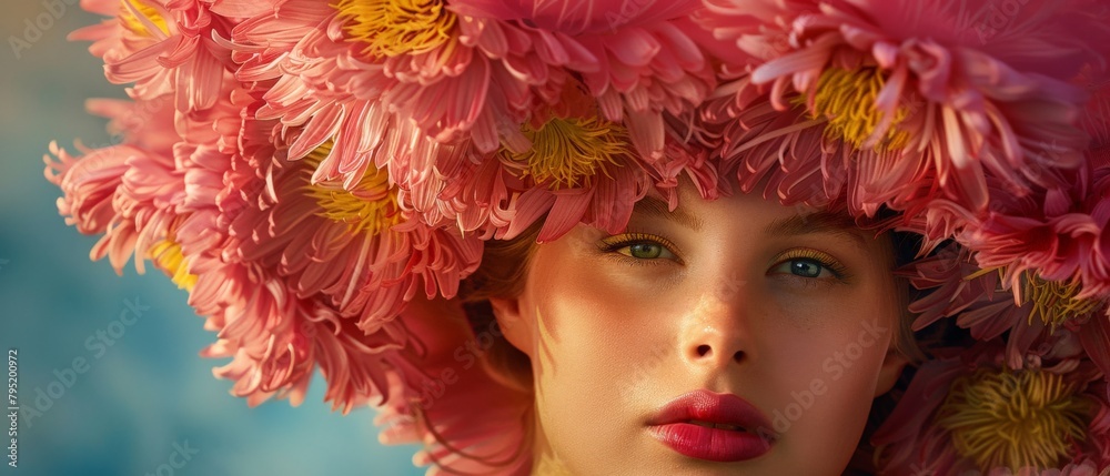 portrait of a girl with a wreath of flowers, young face photography concept for editing with free space 