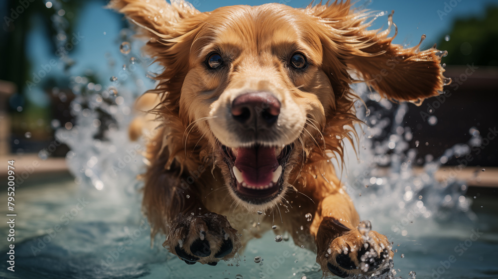 Happy running golden retriever plays with water in a swimming pool