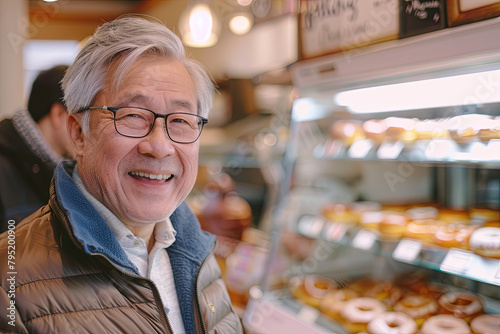 mature Asian gentleman posing for a photograph within a doughnut shop, engaging with the camera lens photo