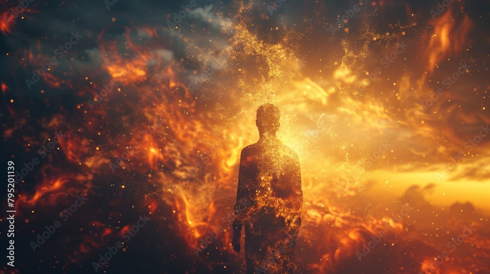 An astronaut stands on the surface of a distant planet and gazes in awe at the vibrant, swirling nebula that fills the sky. An astronaut stands on the surface of a distant planet and gazes in awe at the vibrant, swirling nebula that fills the sky.