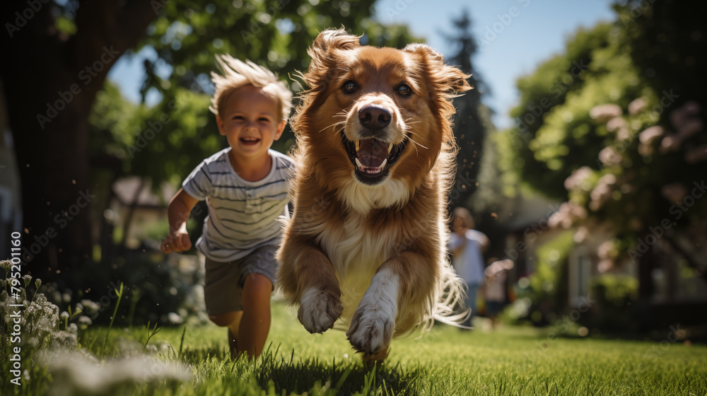 Happy running golden retriever and cute kids play together on the backyard Happy running golden retriever and cute kids play together on the backyard