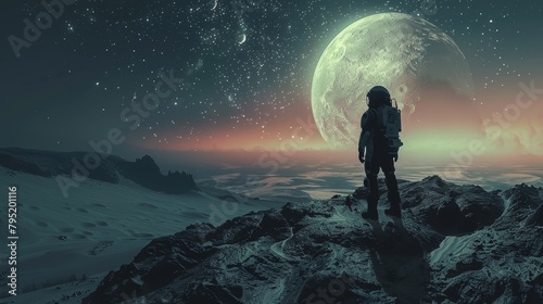 An astronaut stands on a rocky moonlit landscape and gazes at a large moon. photo