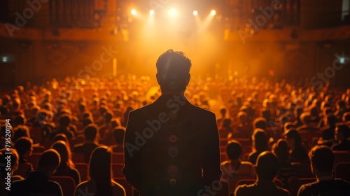 An audience is watching a speaker on stage.