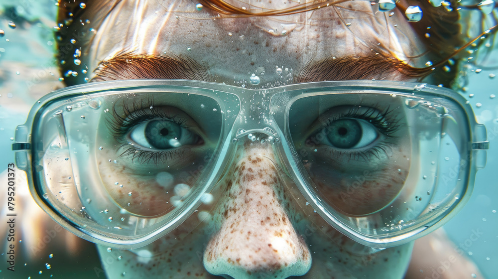 A woman in swimming glasses swims underwater. A woman in swimming glasses swims underwater.
